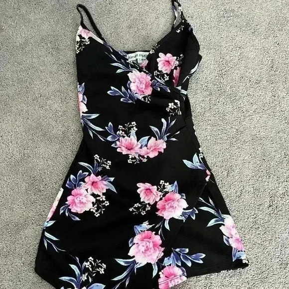 Floral Black Pink and Blue Romper - Picture 1 of 4
